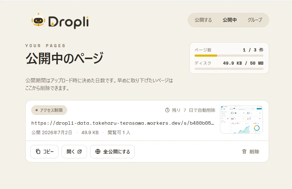 公開中のページ一覧画面:URL・サイズ・閲覧者を確認